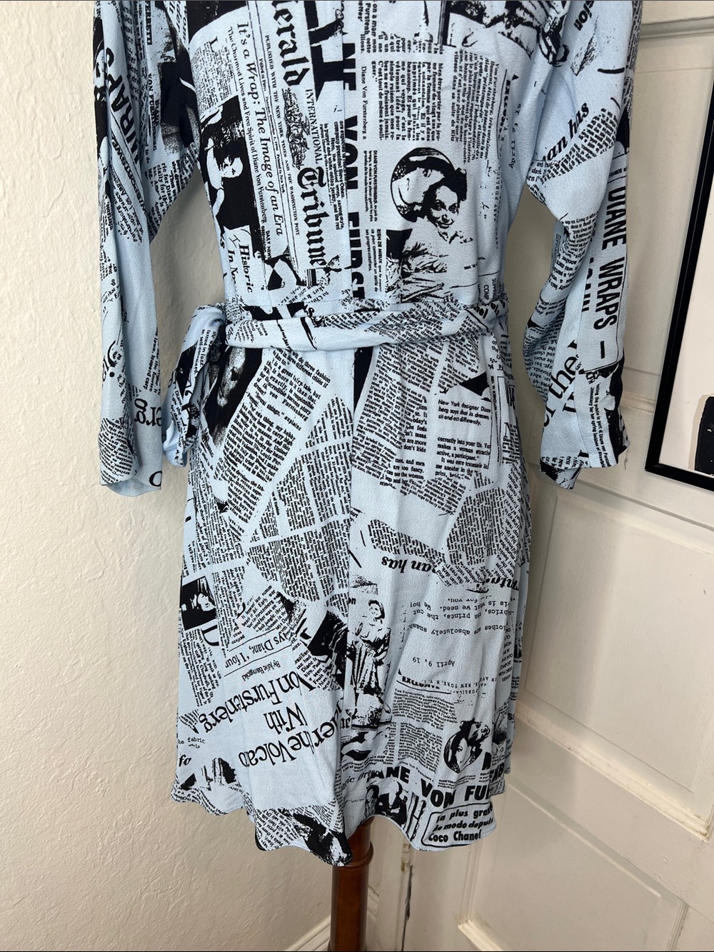 Diane Von Furstenberg Light Blue and Black Newspaper Print Wrap Dress - Picture 7 of 9